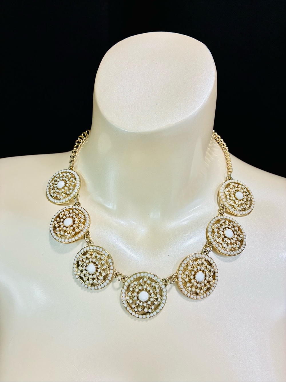 Gold Filigree Medallion Necklace with White Faux Seed Pearl Like Accents